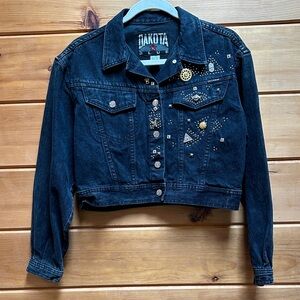 Vintage “Dakota Blue”  faded black jean cropped jacket gold/silver embellished L